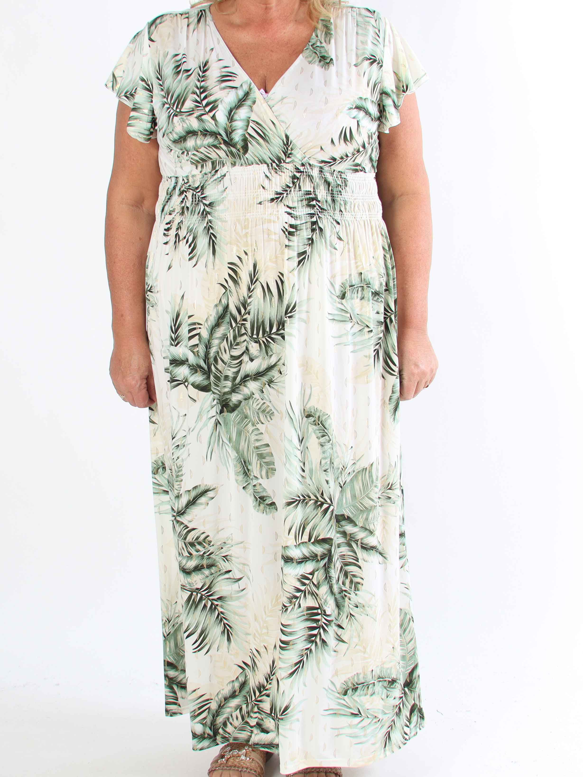Palma - Plus size elastisk kjole med blade og flæseærmer